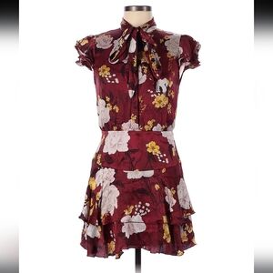 ALICE + OLIVIA Lashay Floral Tie-Neck Mini Dress Red White Gold 6 SMALL